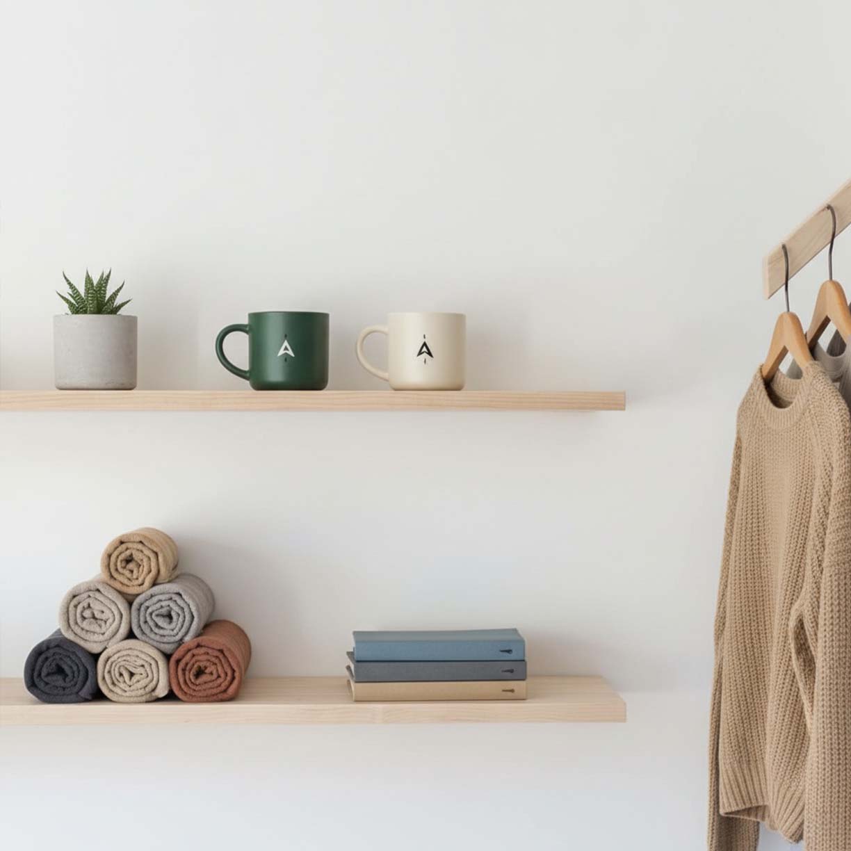 Wooden shelf with gray and olive drab green baseball caps, next to wooden clothes hanger with sweaters.